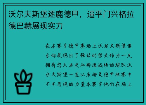 沃尔夫斯堡逐鹿德甲，逼平门兴格拉德巴赫展现实力